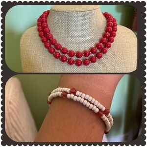Stunning long red & silver bead necklace with bead & pearl bracelet